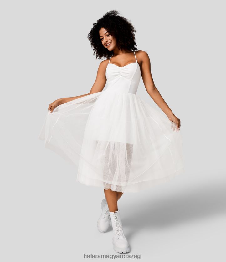 ruházat Halara v nyakú, dörzsölt hát nélküli, keresztbe fűzött, kontrasztos hálós midi alkalmi ruha fehér nők 8FPF801165