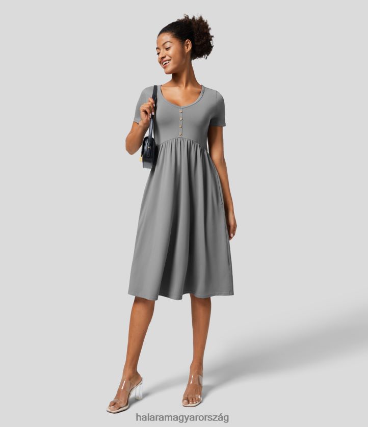 ruházat Halara v nyakú dekoratív gomb rövid ujjú, oldalzsebből készült, plasztikai midi alkalmi ruha végső szürke nők 8FPF801150