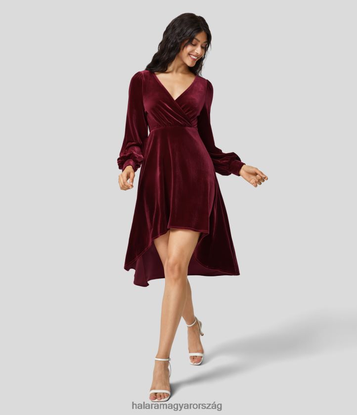 ruházat Halara v nyakú keresztezett bishopujj magas, alacsonyan folyós bársony midi alkalmi ruha sangria nők 8FPF801213