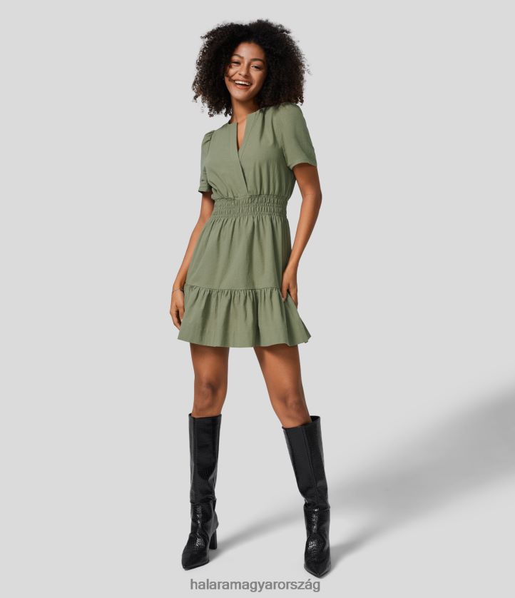 ruházat Halara v nyakú láthatatlan gombos puffos ujjú ráncolt fodros szegély alkalmi pamut ruha loden zöld nők 8FPF80984