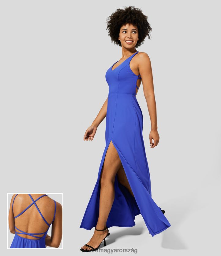 ruházat Halara v nyak nélküli, keresztben osztott szegélyű, lefutó maxi alkalmi ruha őszirózsa kék nők 8FPF801187