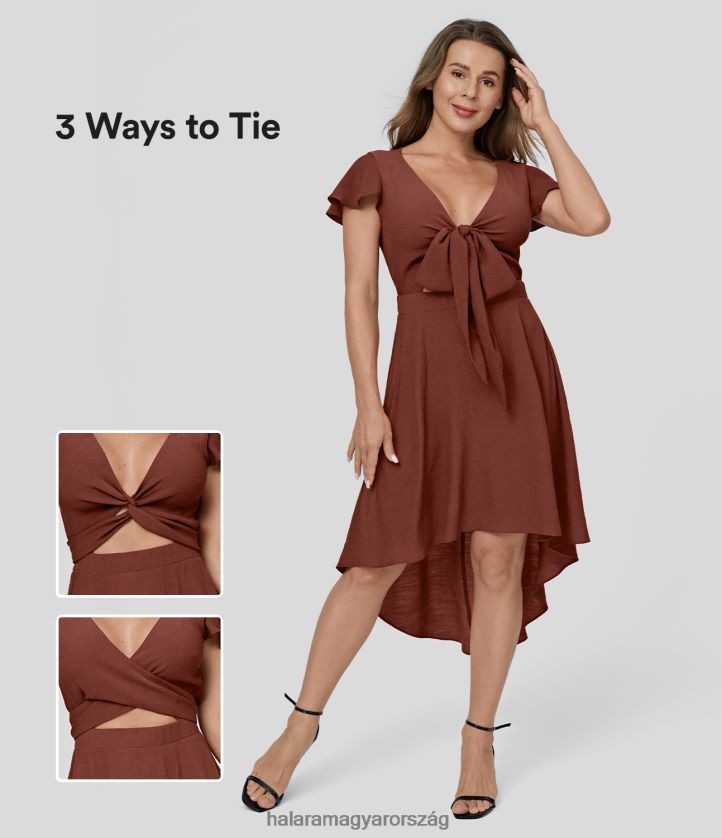 ruházat Halara v nyakú rövid ujjú nyakkendő elöl és hátul kivágott magas, alacsony flowy midi alkalmi ruha pálinkás szippantás nők 8FPF801168