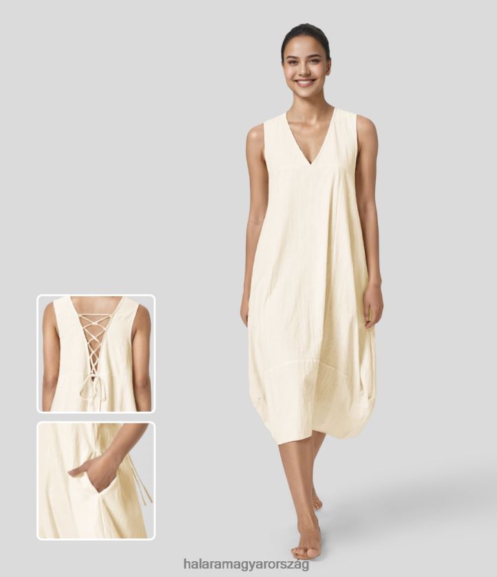 ruházat Halara v nyakú, ujjatlan, hát nélküli, keresztben fűzős oldalzseb folyékony midi alkalmi pamut ruha vanília fagyi nők 8FPF801148