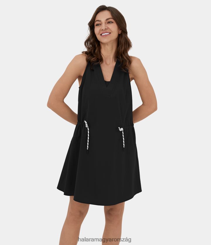 ruházat Halara v nyakú ujjatlan húzózsinóros mini alkalmi ruha fekete nők 8FPF801055