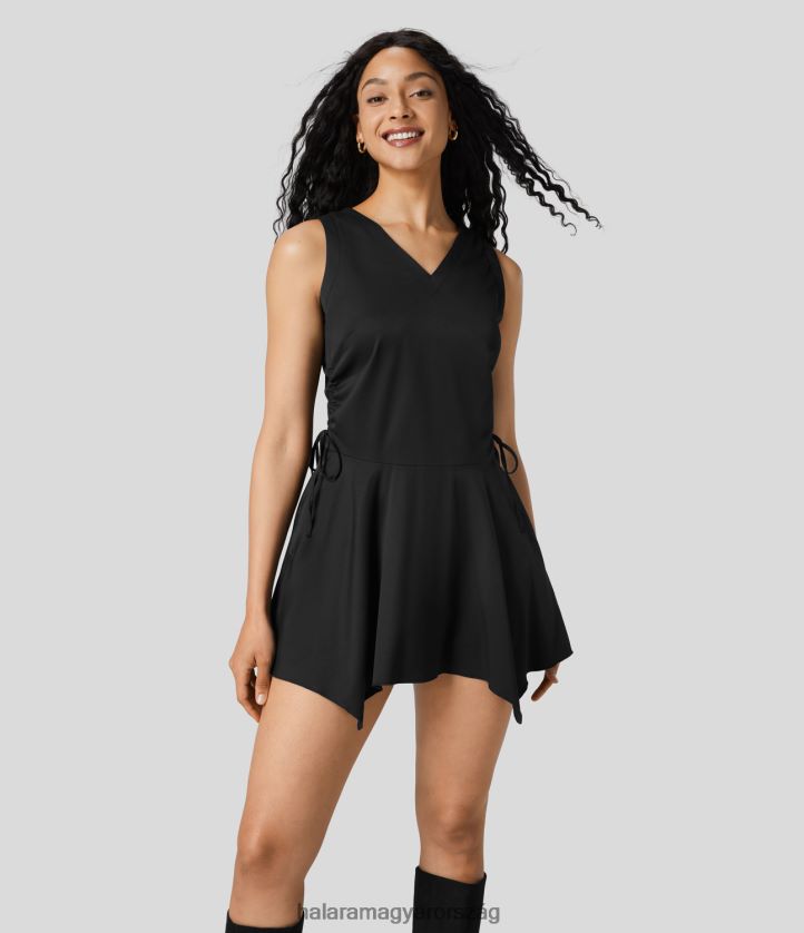 ruházat Halara v nyakú, ujjatlan húzózsinóros oldalzseb szegélyű, mini alkalmi ruha fekete nők 8FPF801079