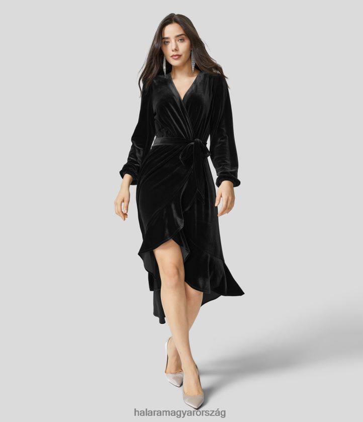 ruházat Halara v nyakba burkolt nyakkendő elöl hosszú ujjú magas alacsony bársony midi alkalmi ruha fekete nők 8FPF801251