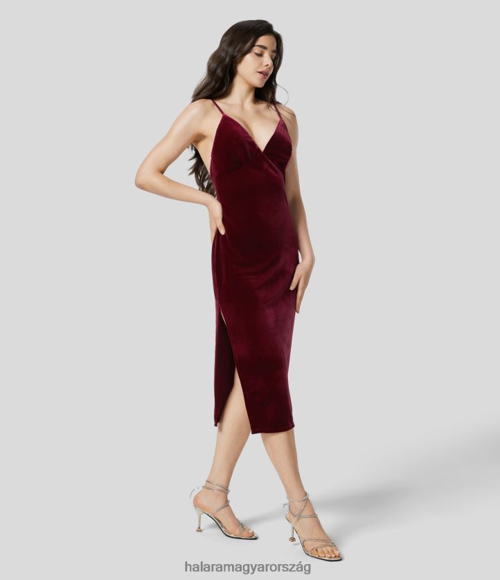 ruházat Halara v nyakkal állítható pánttal háttámla osztott bársony midi party ruha sangria nők 8FPF801204