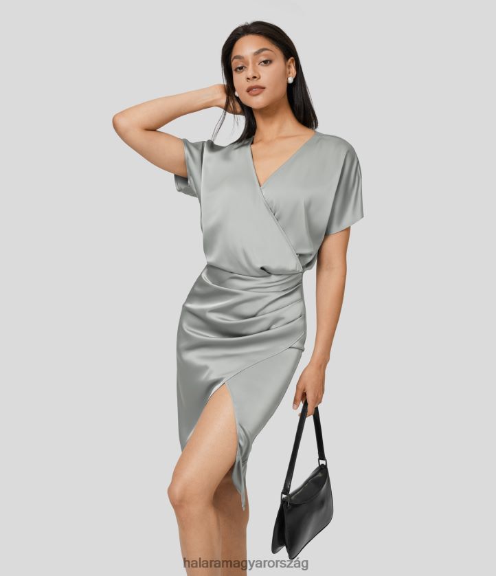 ruházat Halara v nyakkivágású, láthatatlan cipzáras rovátkolt hasított midi szaténszerű alkalmi ruha eredeti nők 8FPF801172