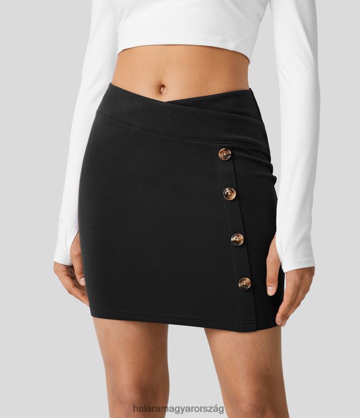 ruházat Halara magas derekú crossover dekoratív gomb bodycon mini alkalmi szoknya fekete nők 8FPF80572