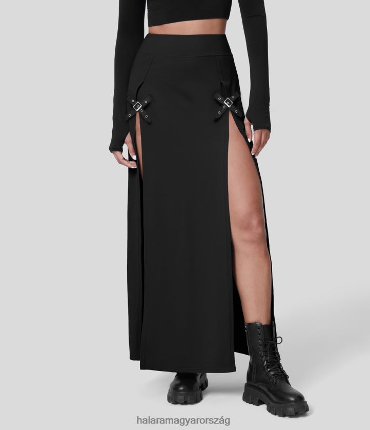 ruházat Halara magas derekú dekoratív csatos osztott 2 az 1-ben maxi alkalmi szoknya fekete nők 8FPF80701