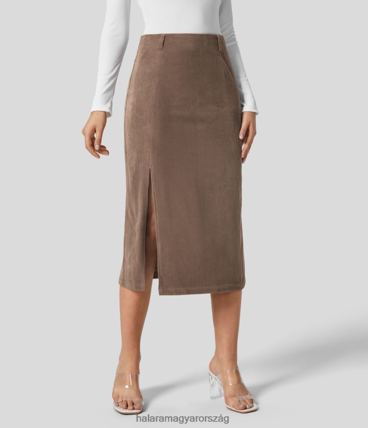 ruházat Halara magas derekú láthatatlan cipzárral osztott szegélyű midi kordbársony alkalmi szoknya kakaóbarna nők 8FPF80705