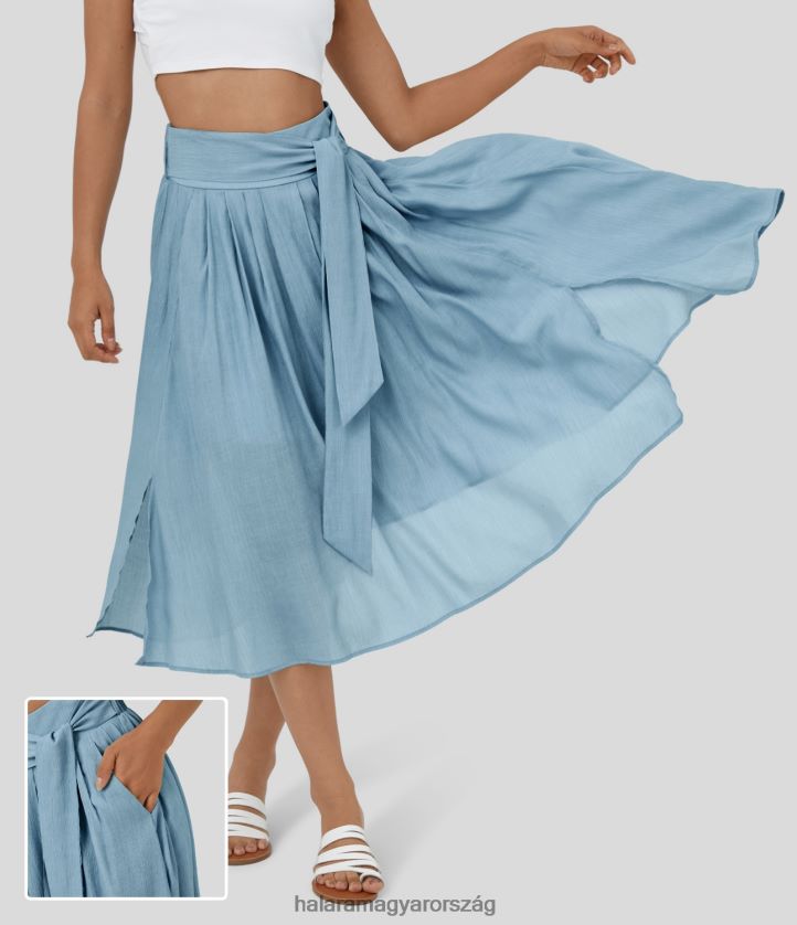 ruházat Halara magas derekú nyakkendős elülső oldalzseb, osztott lobogó, folyékony alkalmi midiszoknya világoskék nők 8FPF80754