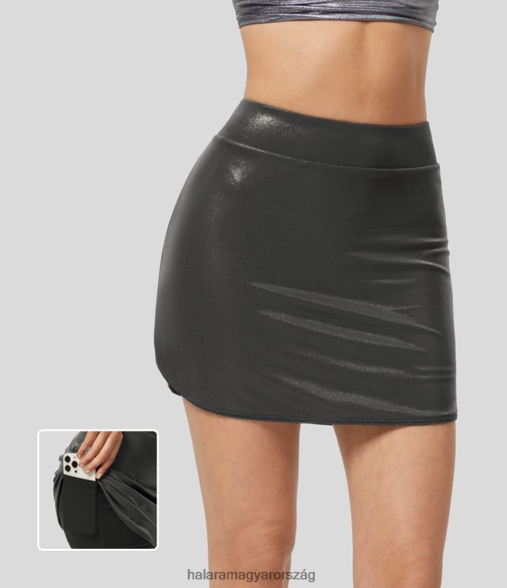 ruházat Halara softlyzero műbőr magas derekú 2 az 1-ben oldalzseb ívelt szegély fémes fóliamintás rugalmas bodycon mini party szoknya fényes alkonyfekete nők 8FPF80547