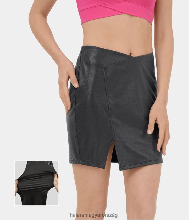 ruházat Halara softlyzero műbőr magas derekú crossover osztott bodycon fóliamintás rugalmas mini hétköznapi szoknya fényes alkonyfekete nők 8FPF80681
